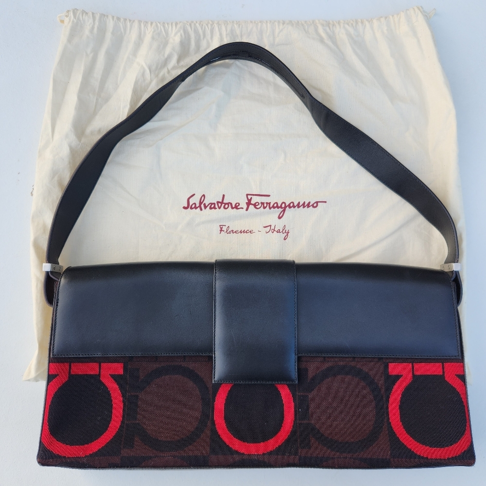 Salvatore Ferragamo Gancini Canvas Leather Black Brown Red Auth